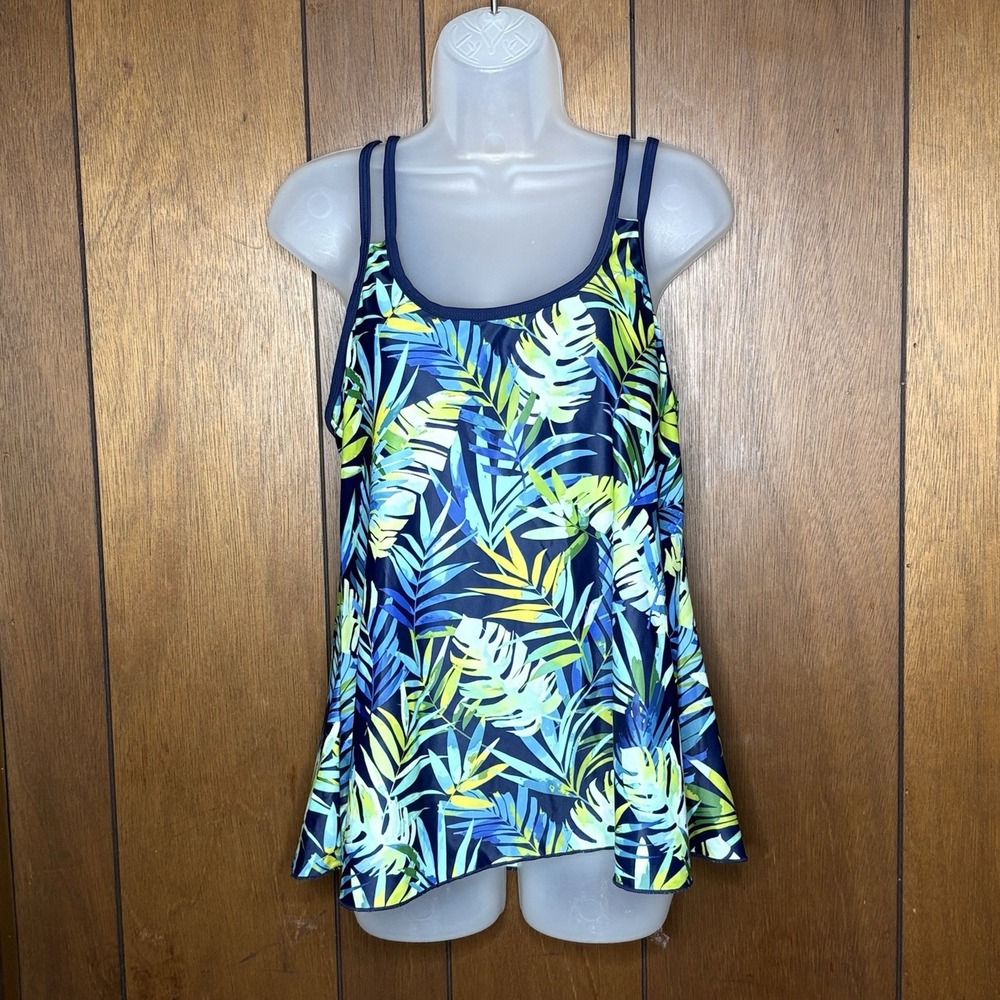 Talisea Tankini Top Women's M Navy Tropical Palm Leaf Flowy Longline Swim Beach